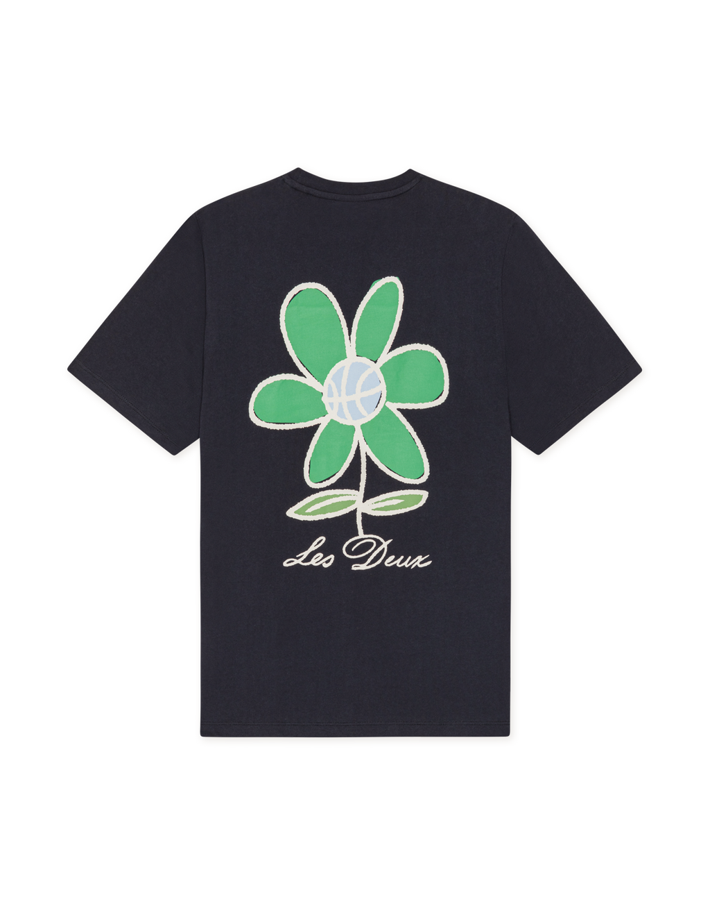 Les Deux Flower Basket T-Shirt in groen en wit, met een grote seizoensgebonden bloemenmand graphic geprint op de rug.
