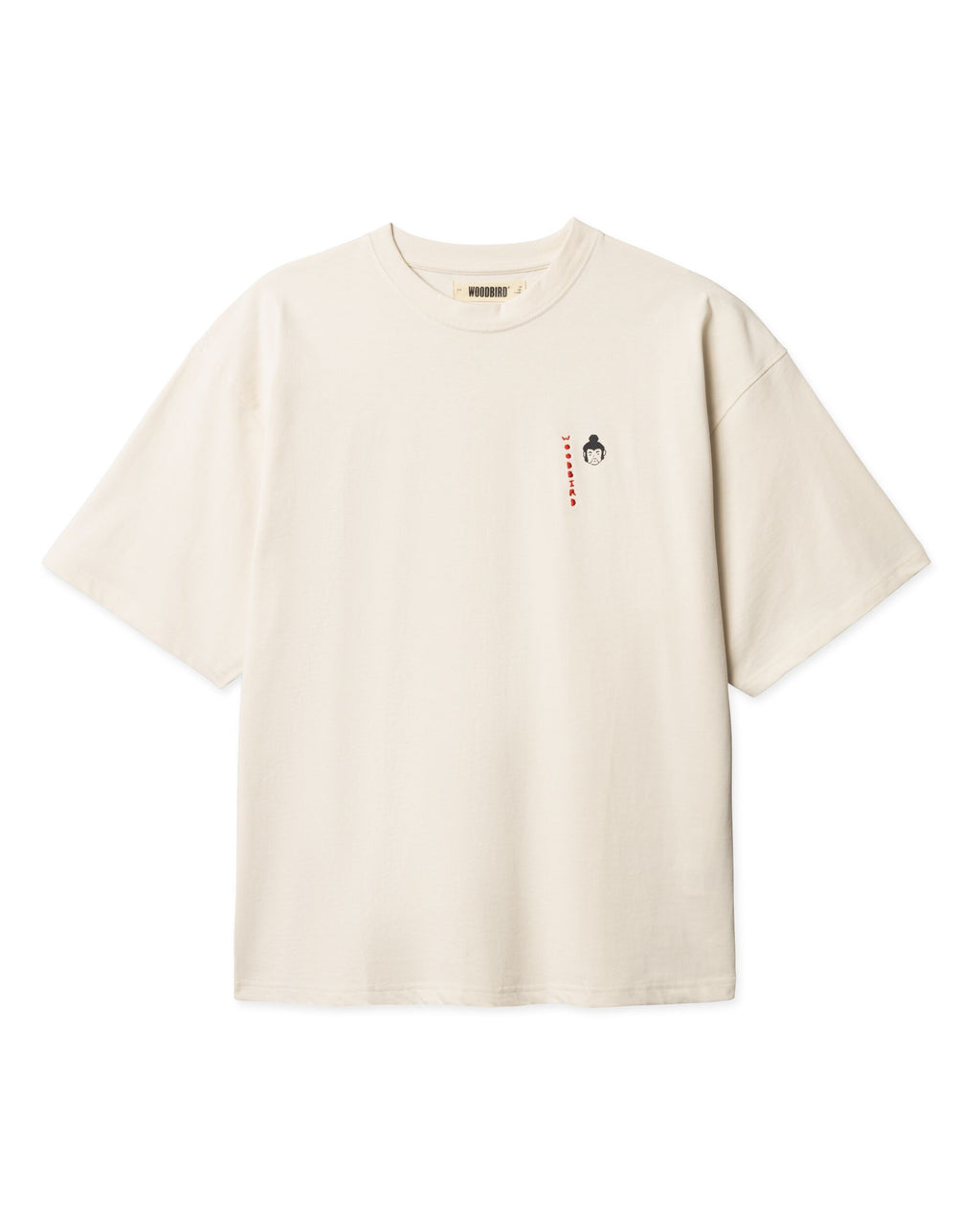 Woodbird Beam Suma Tee in off-white. Vooraanzicht van het heren t-shirt met print op de voorzijde.