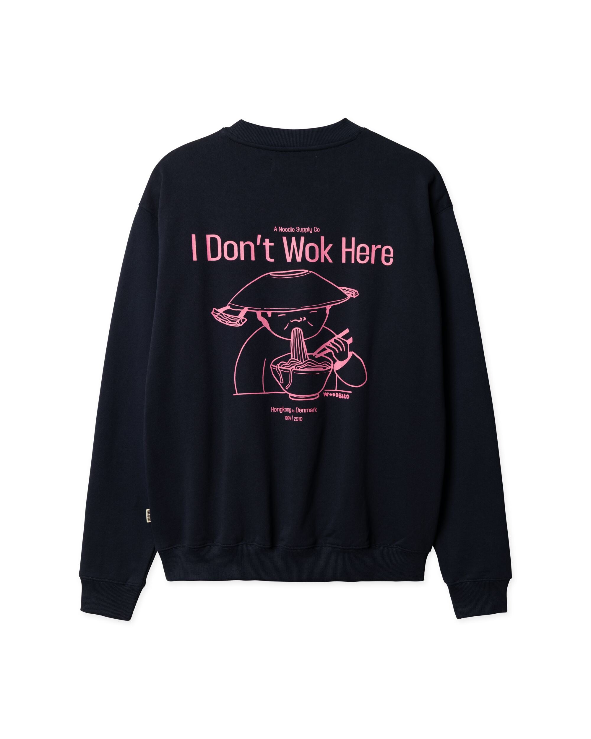 Woodbird WBCane Wok Crew Dark Navy, achterzijde met de grote grafische I don't wok here afbeelding.