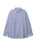 Woodbird WBBrooks Lion Shirt lichtblauw, vooraanzicht van het gestreepte overhemd met geborduurd logo op de borst.