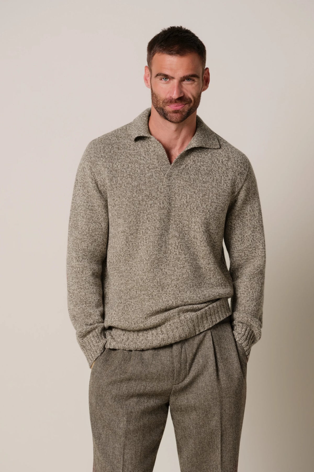 POLO OPEN COLLAR LS BROWN