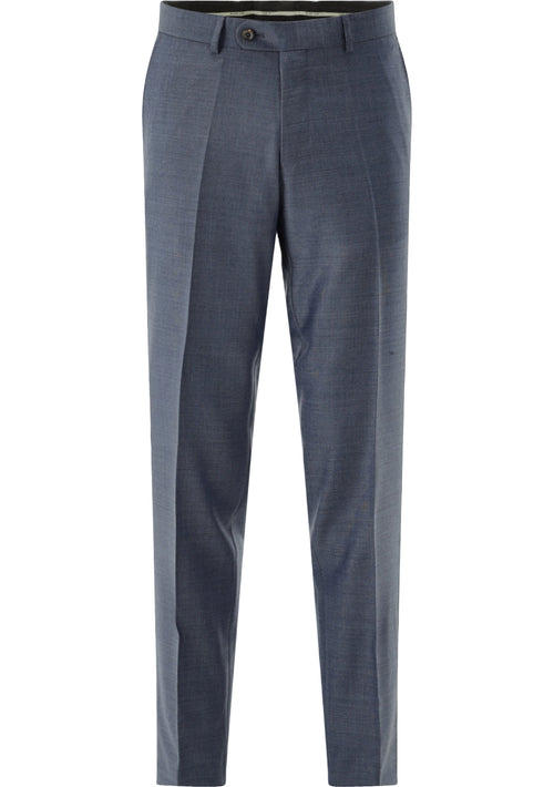Carl Gross Stevenson Pantalon Blauw: detail van de voorkant van de bijbehorende blauwe pantalon.