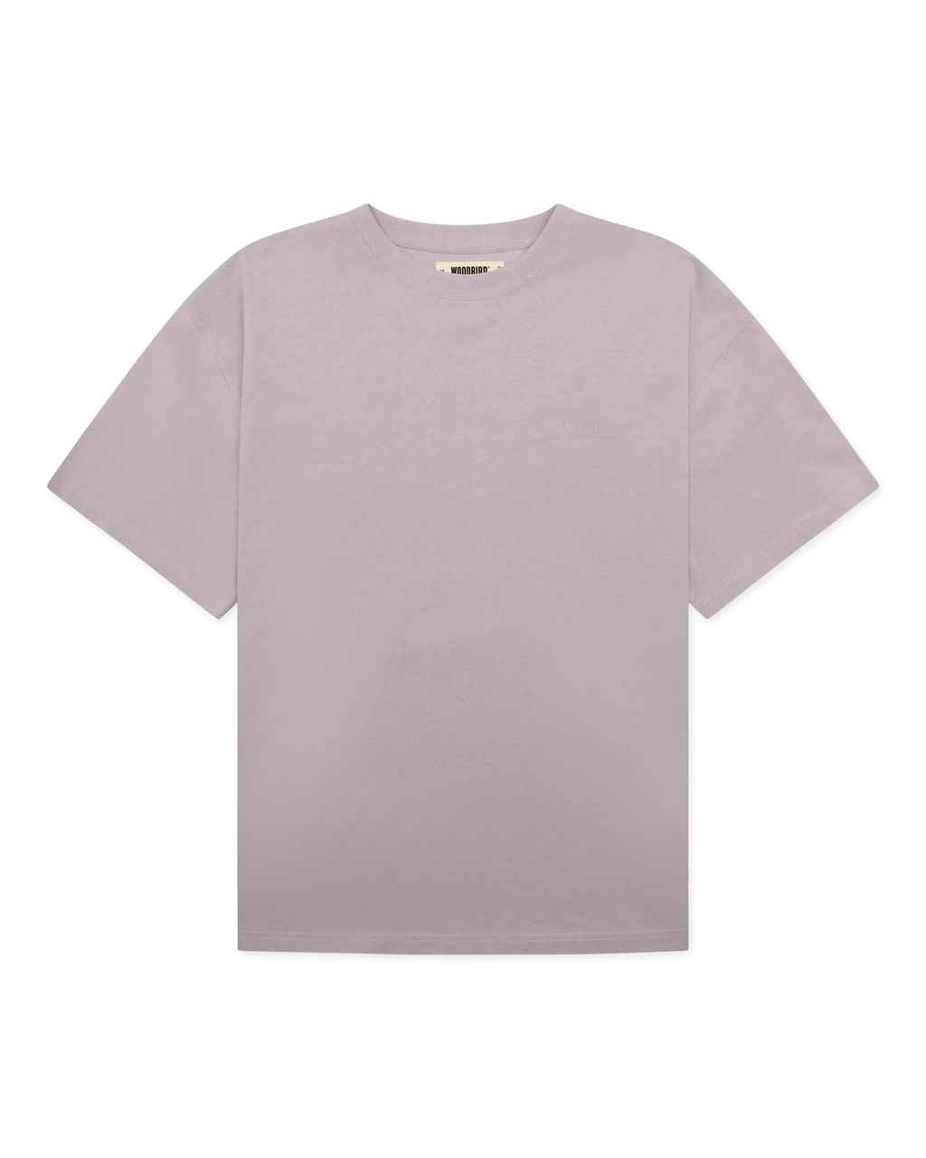 Woodbird Baine Base Tee Grey-Purple, vooraanzicht van het effen T-shirt met minimalistisch logo op de borst.
