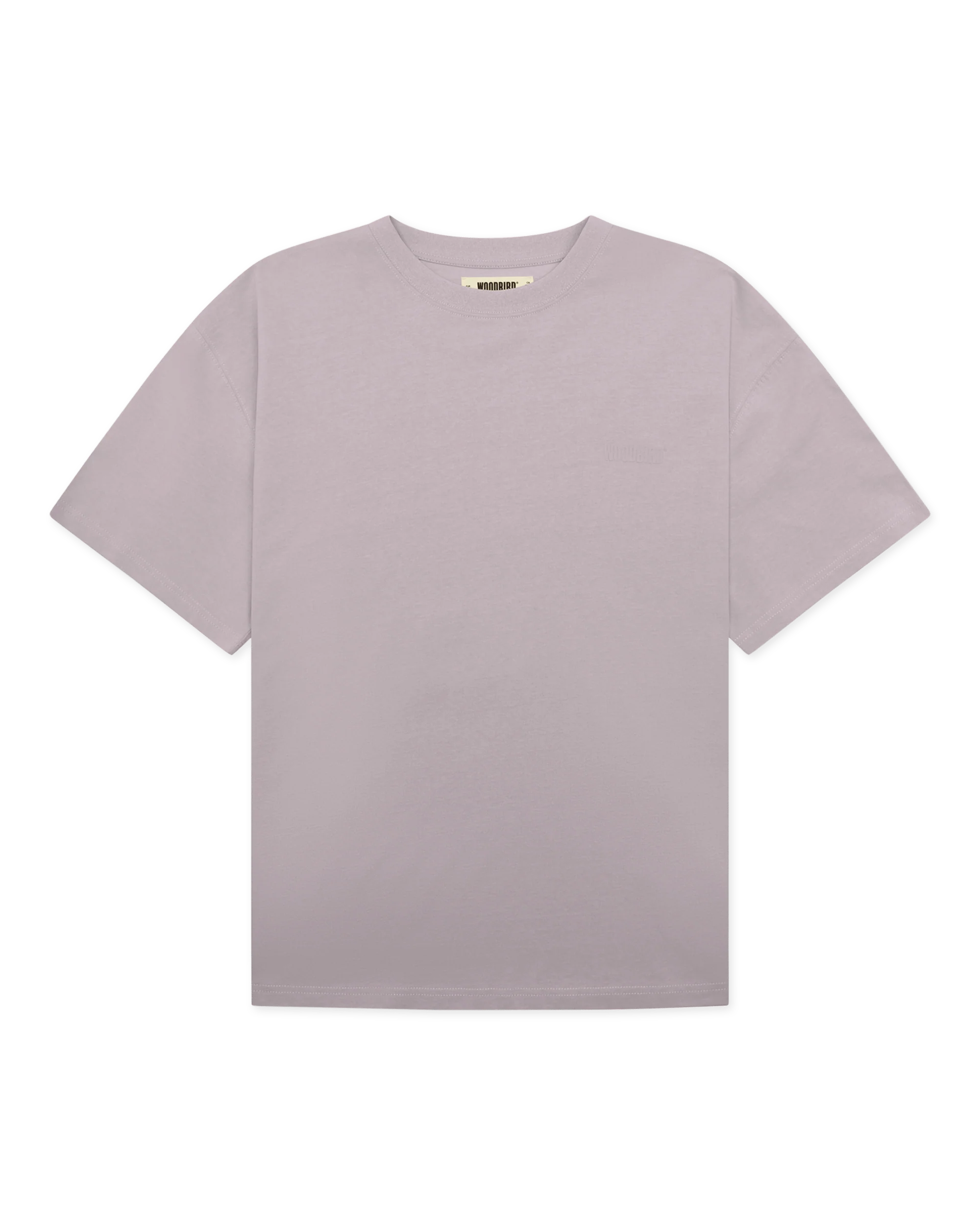Woodbird Baine Base Tee Grey-Purple, vooraanzicht van het effen T-shirt met minimalistisch logo op de borst.