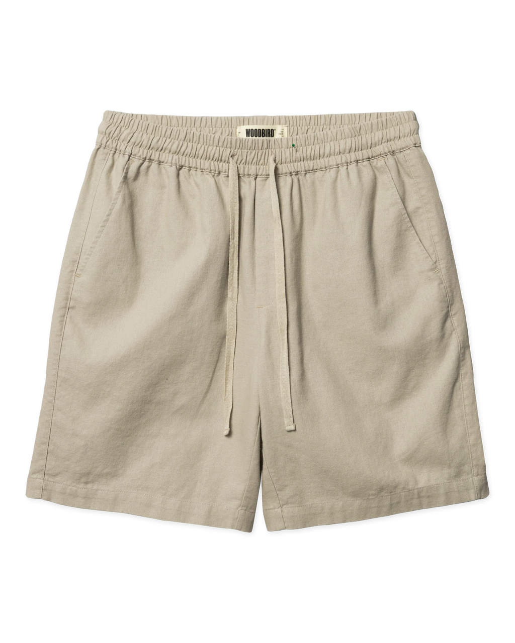 Woodbird WBBommy Linen Shorts Stone, vooraanzicht van de korte broek met elastische tailleband en trekkoord.