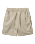 Woodbird WBBommy Linen Shorts Stone, vooraanzicht van de korte broek met elastische tailleband en trekkoord.