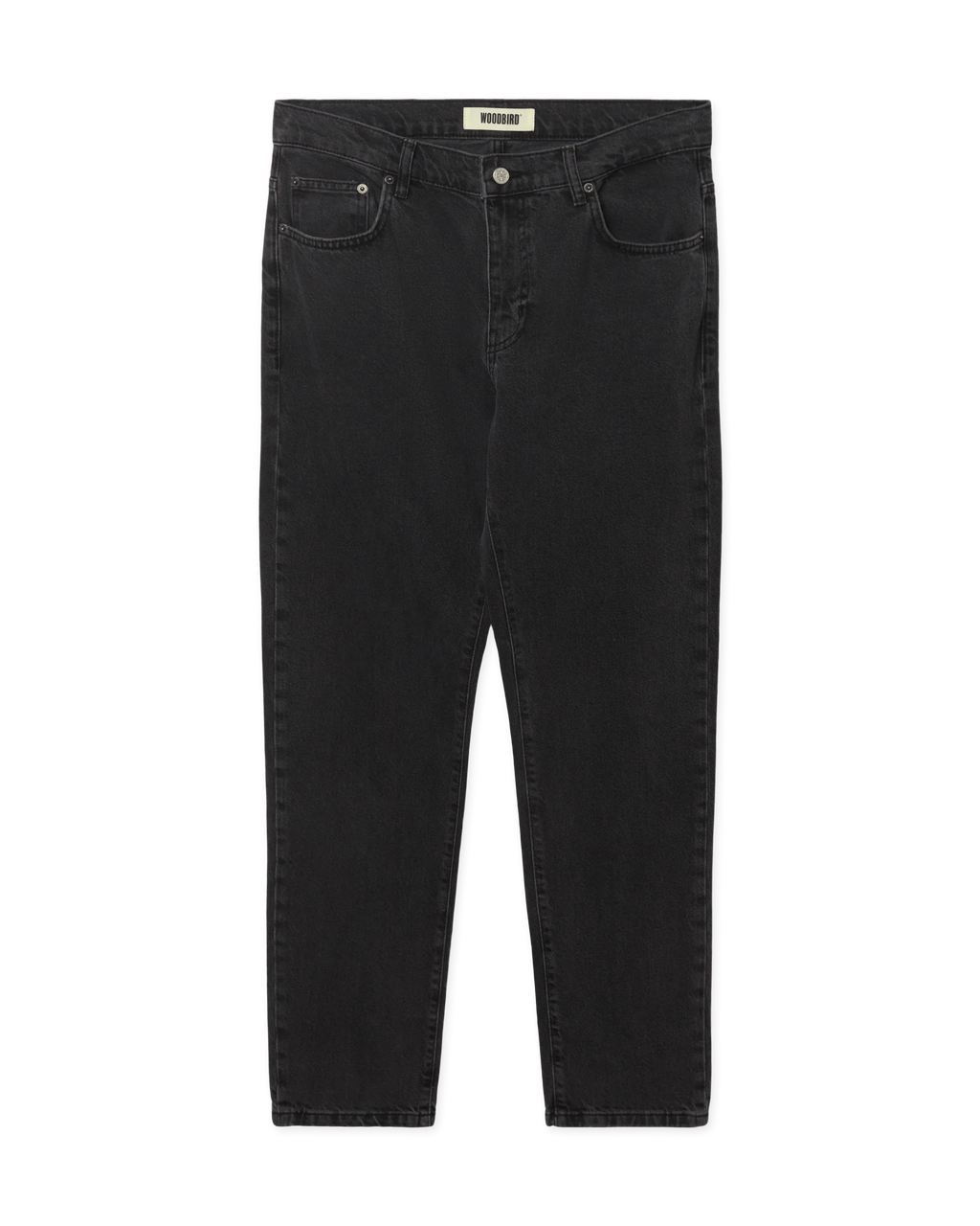 Woodbird WBDoc Crow Jeans zwart, vooraanzicht van de tapered fit denim met subtiele vervaging en ritssluiting.