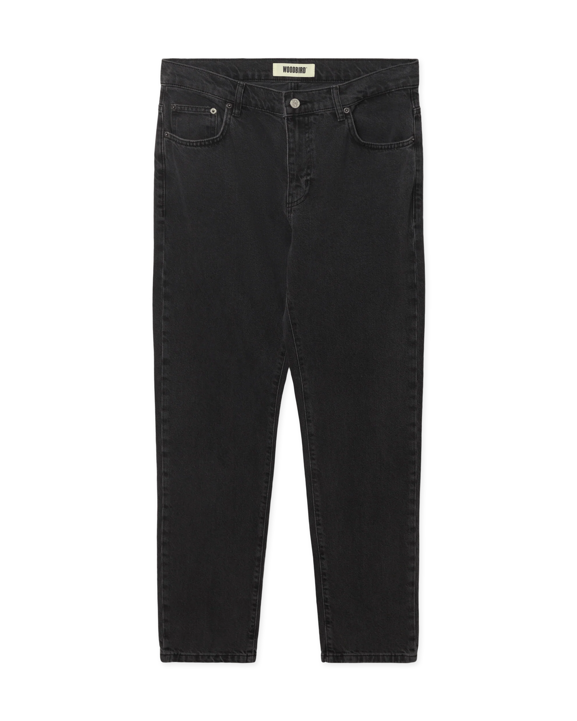 Woodbird WBDoc Crow Jeans zwart, vooraanzicht van de tapered fit denim met subtiele vervaging en ritssluiting.