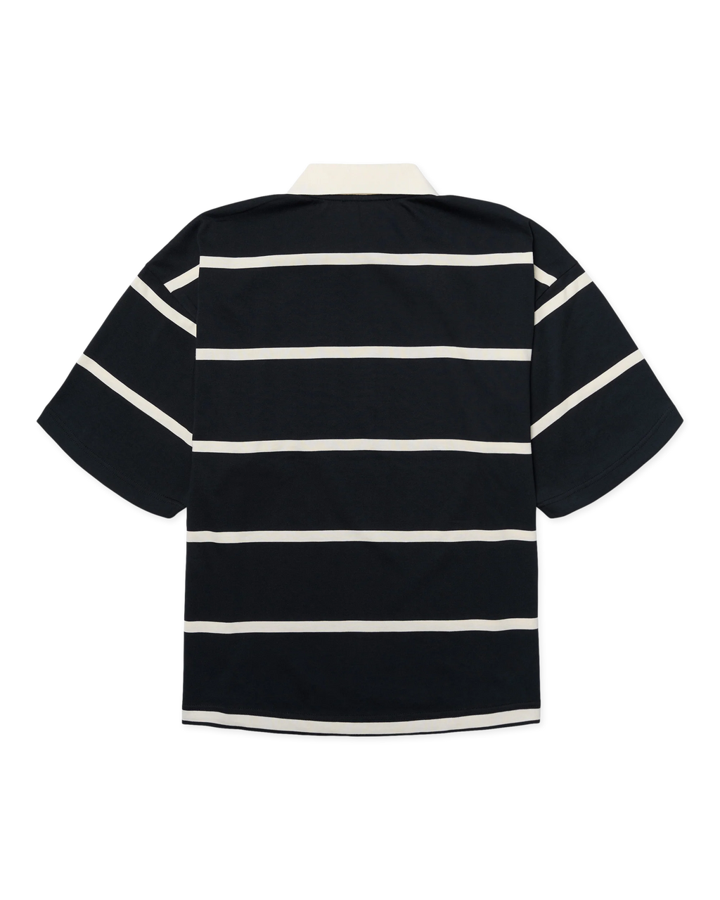 Woodbird WBHiro Stripe Zip Polo off white-navy, achteraanzicht van de boxy fit polo met horizontaal streepmotief.