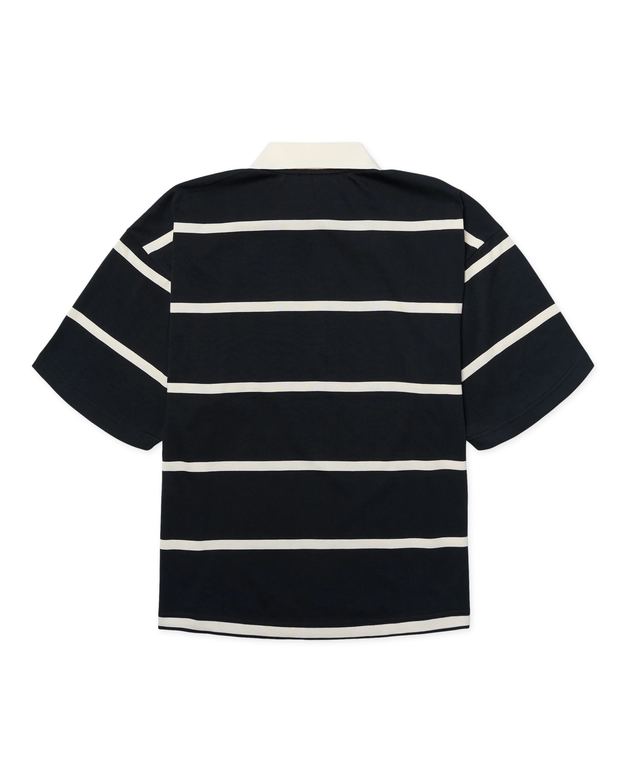 Woodbird WBHiro Stripe Zip Polo off white-navy, achteraanzicht van de boxy fit polo met horizontaal streepmotief.