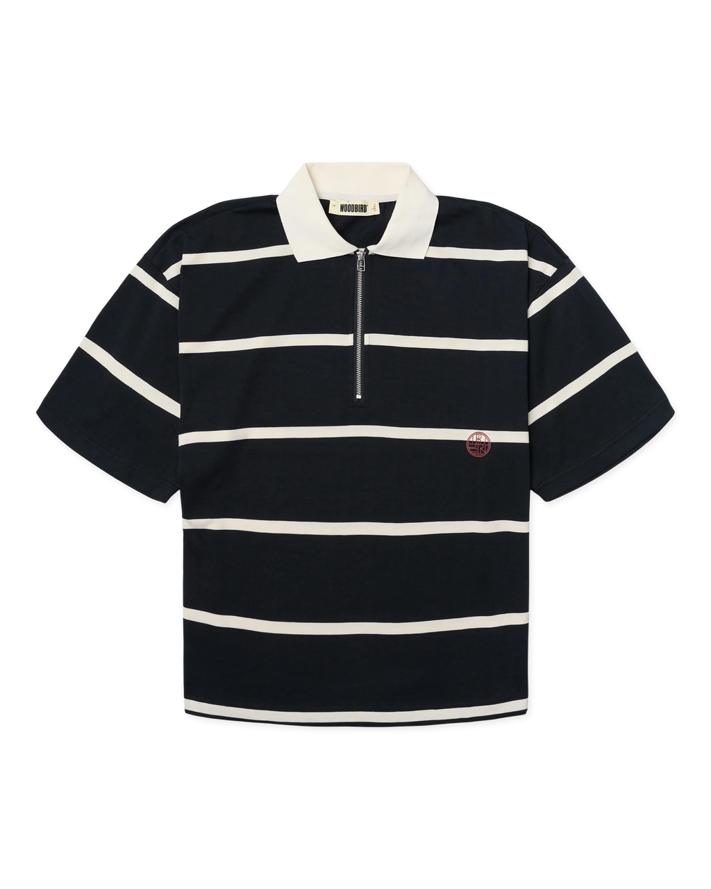 Woodbird WBHiro Stripe Zip Polo off white-navy, voorzijde van de gestreepte polo met half-zip en contrasterende kraag.