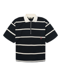 Woodbird WBHiro Stripe Zip Polo off white-navy, voorzijde van de gestreepte polo met half-zip en contrasterende kraag.