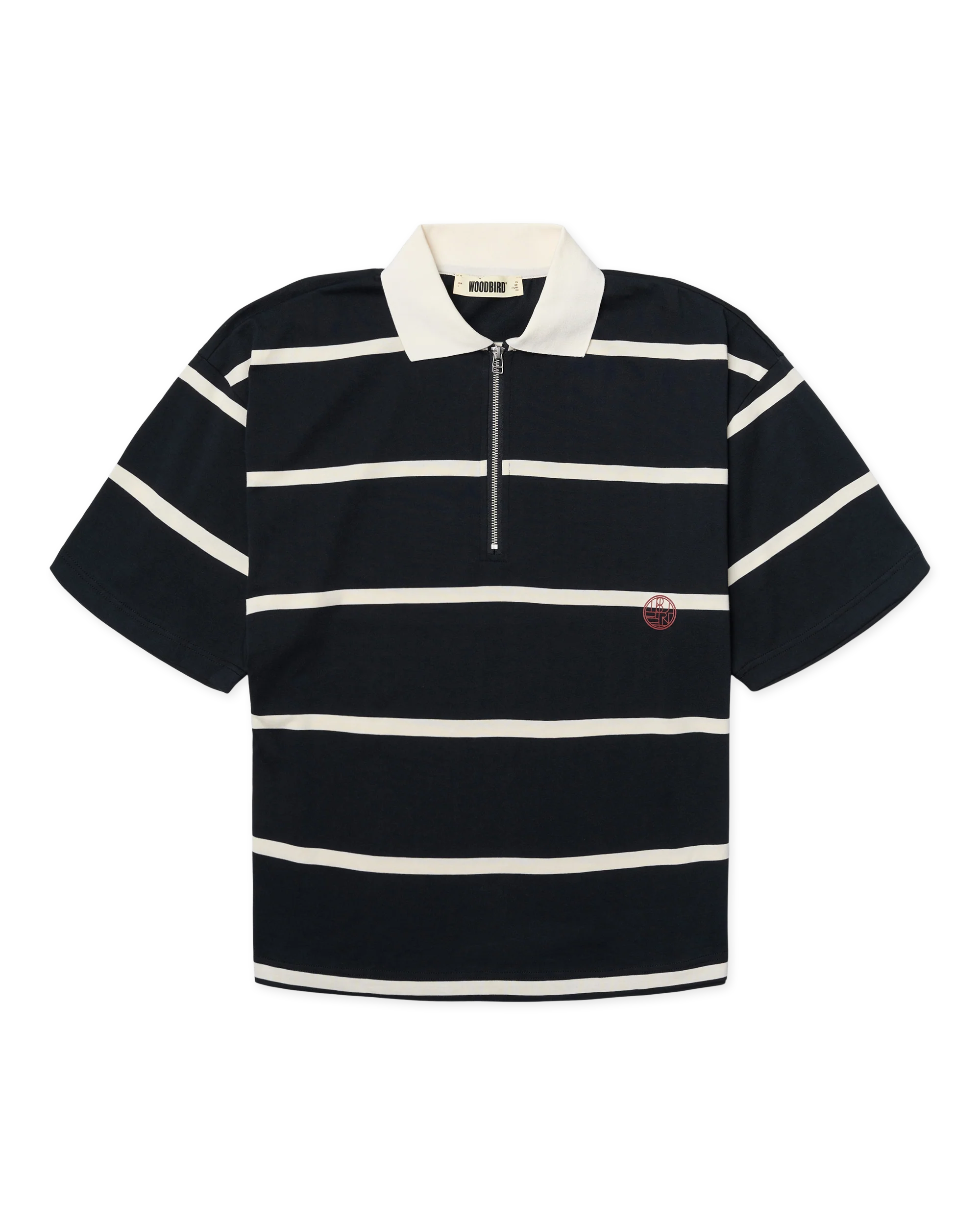 Woodbird WBHiro Stripe Zip Polo off white-navy, voorzijde van de gestreepte polo met half-zip en contrasterende kraag.
